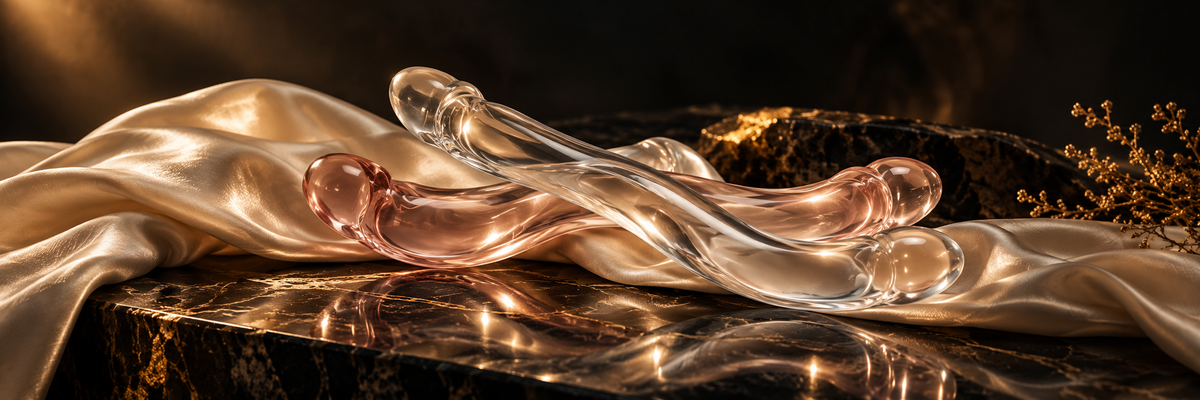 Composição editorial panorâmica com formas abstratas de vidro translúcido sobre seda em tons de marfim e fundo escuro, iluminadas por reflexos dourados, sem texto.