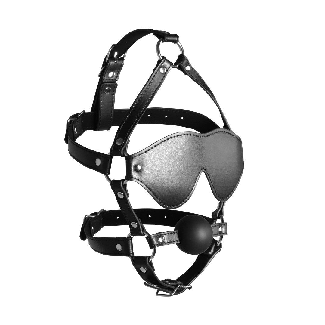 OUCH! EXTREME BLINDFOLDED HEAD HARNESS WITH SOLID BALL GAG