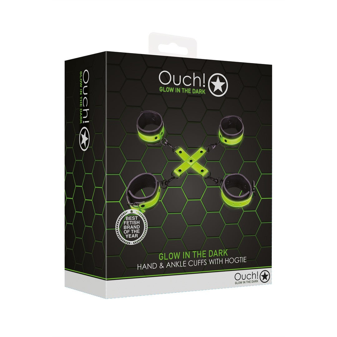 OUCH! HAND AND ANKLE CUFFS WITH HOGTIE GLOW IN THE DARK