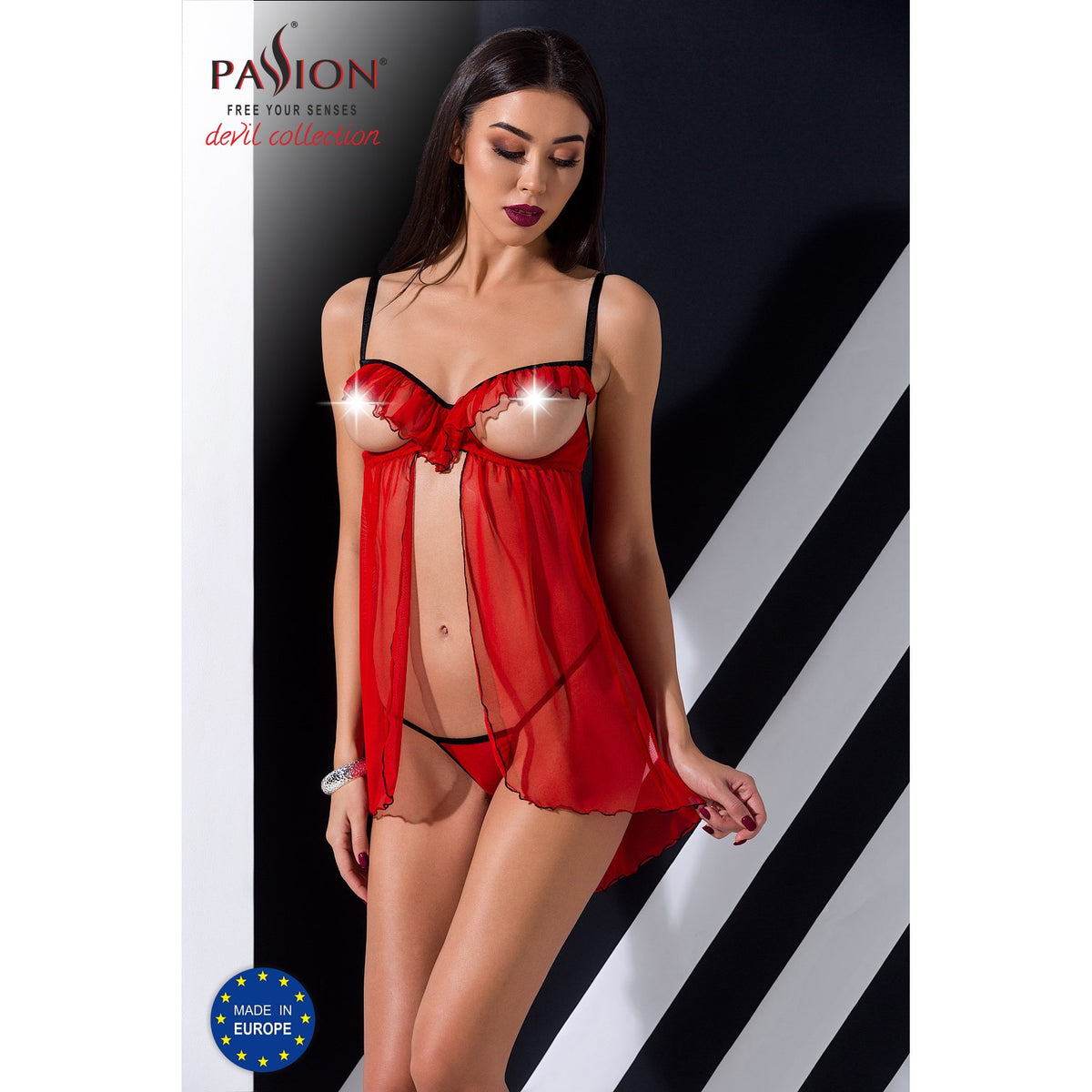 CAMISA DE NOITE E TANGA CHERRY VERMELHO DEVIL COLLECTION PASSION