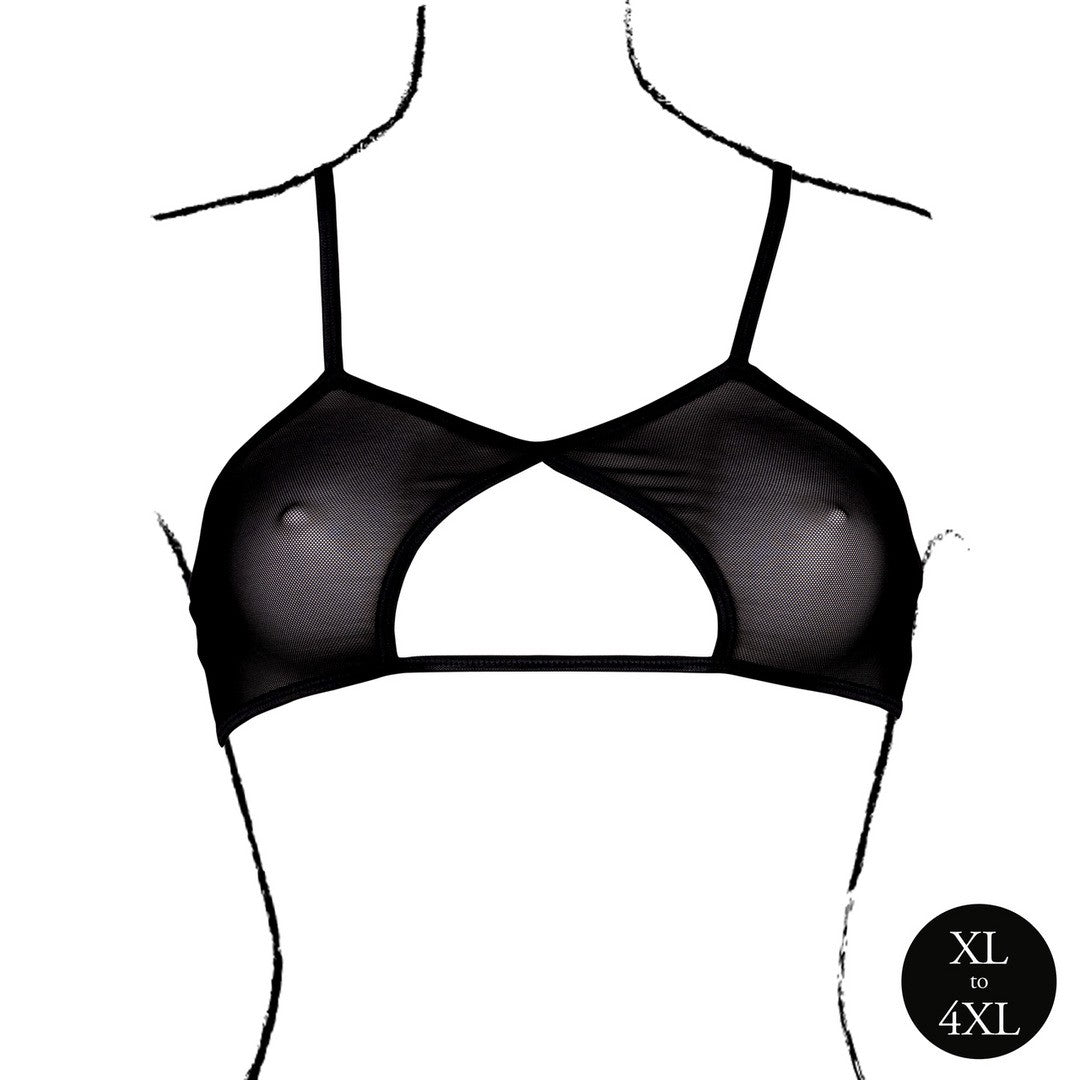 LE DÉSIR KEYHOLE MESH BRA WITH DOUBLE BACK STRAPS AND ADJUSTABLE SLIDERS BLACK QUEEN SIZE