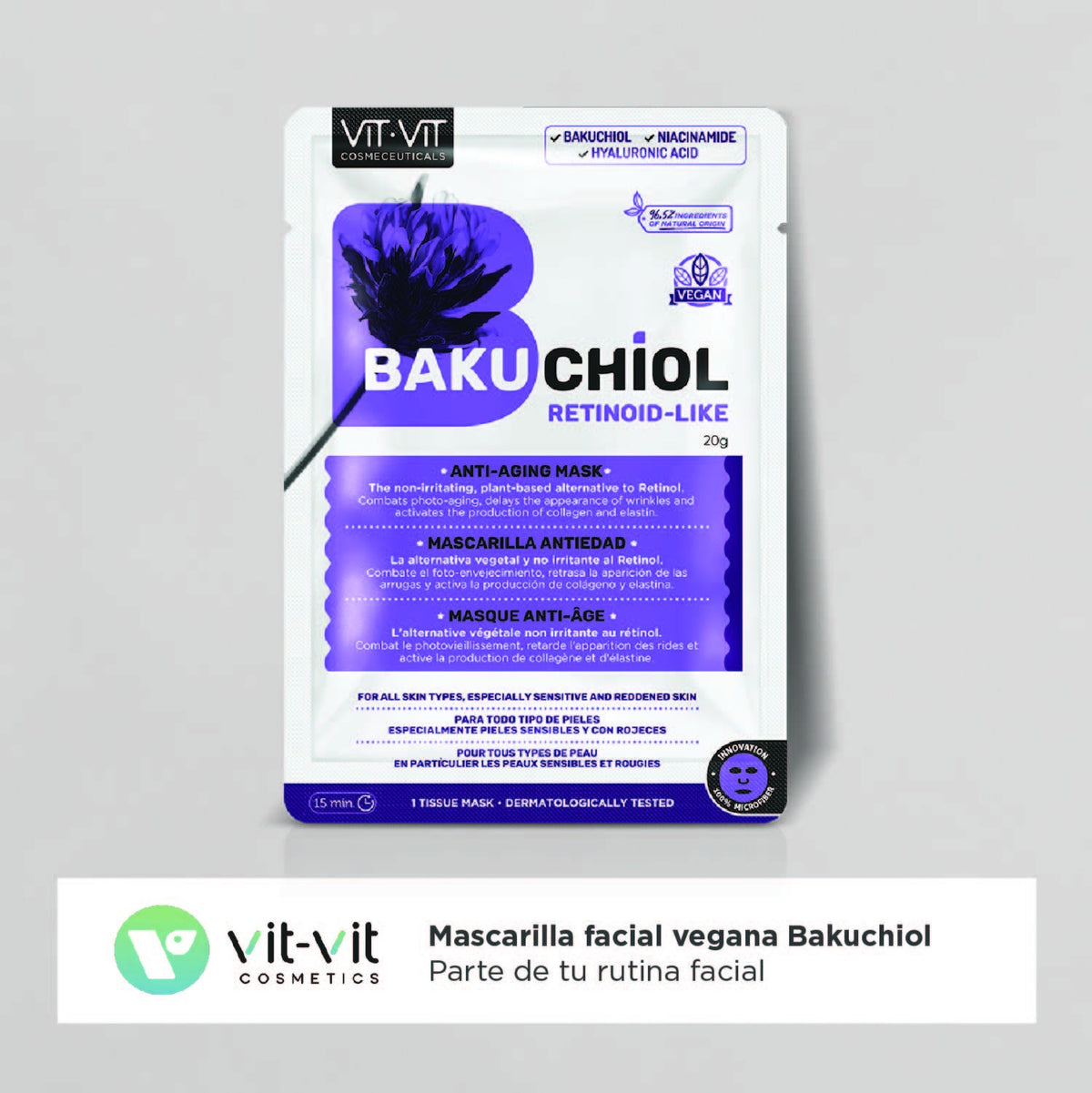 MÁSCARA DE TECIDO FACIAL ANTI-IDADE BAKUCHIOL VIT VIT COSMETICS 20GR