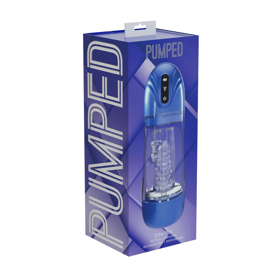 PUMPED SONICPULL SUCTION AND VIBRATION MASTURBATOR PUMP MULTIMEDIA ENHANCED METALLIC BLUE