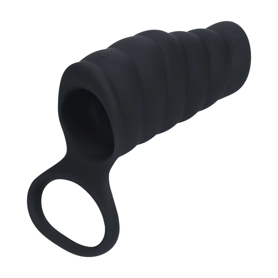 VIBRATING RIBBED SILICONE COCK SLEEVE AND BALL RING BLACK