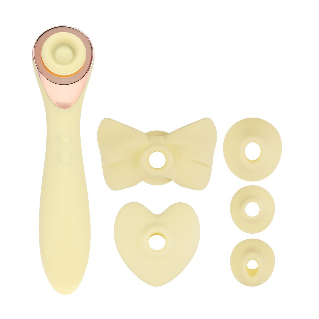 LOVELINE DARLING AIRTAP WAND VIBRATOR WITH FIVE HEAD ATTACHMENTS YELLOW