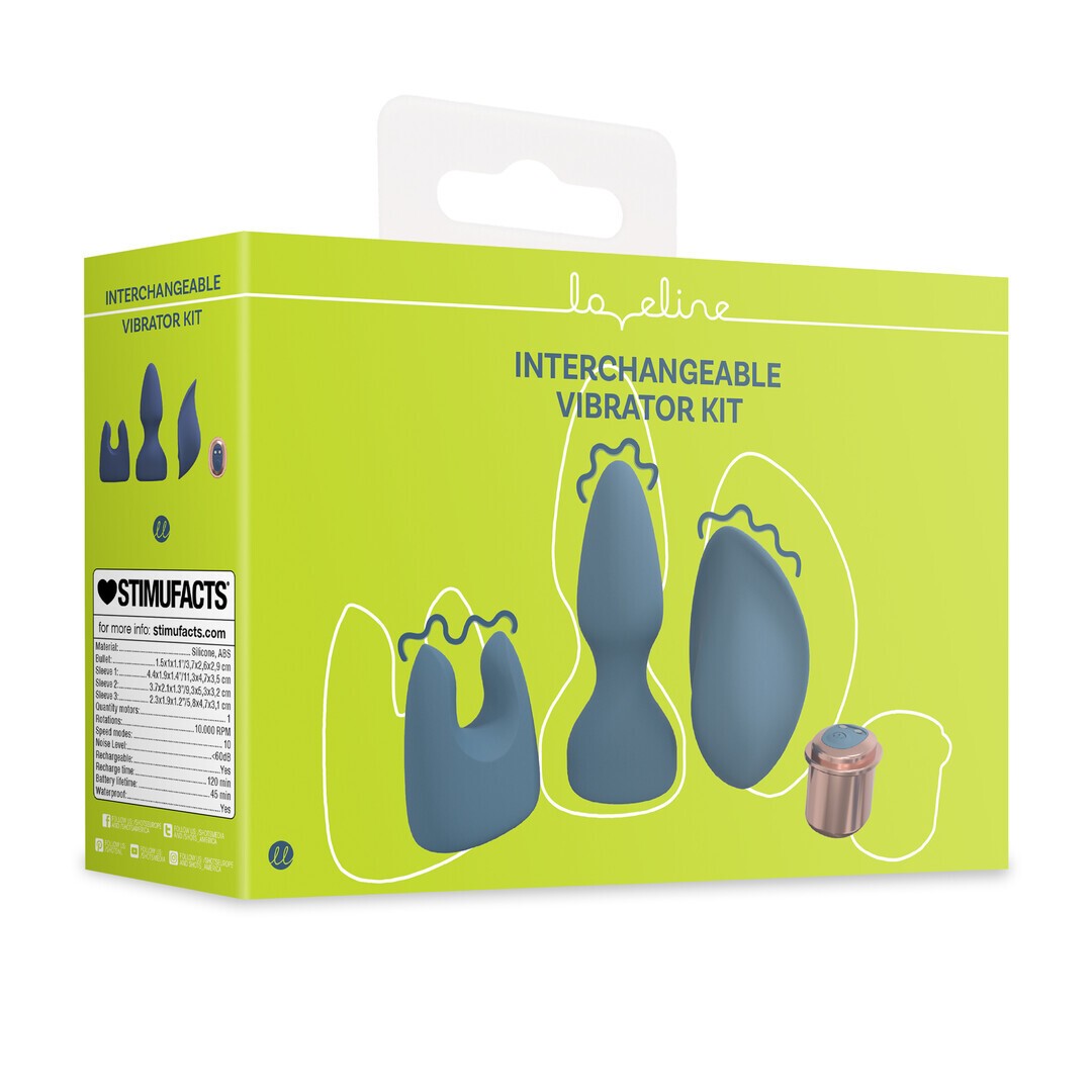 CONJUNTO DE VIBRADOR RECARREGÁVEL E 3 MANGAS AZUL/CINZA LOVELINE