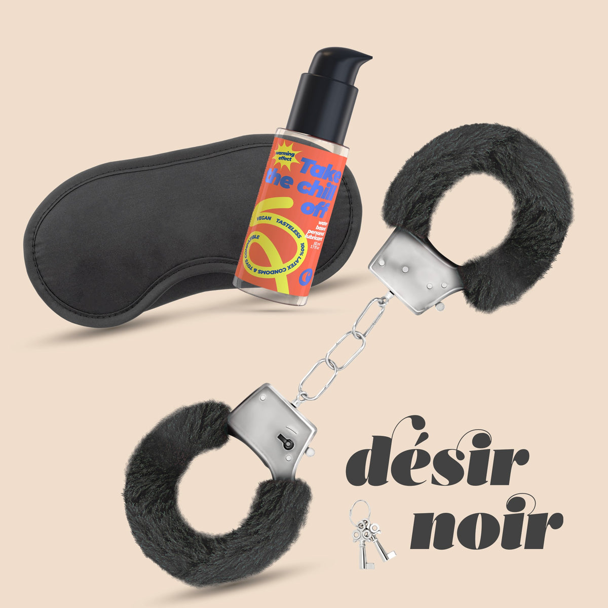 DÉSIR NOIR CONJUNTO DE ALGEMAS + VENDA ACETINADA E LUBRIFICANTE COM EFEITO CALOR CRUSHIOUS