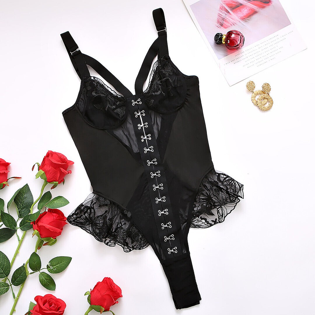 DE NAMOUR RUFFLED LACE MESH TEDDY WITH HOOK FRONT