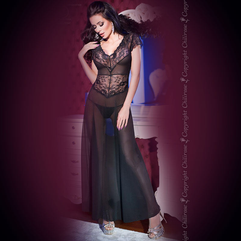CAMISA DE NOITE E TANGA CR-4167 PRETO - Lust Sexshop