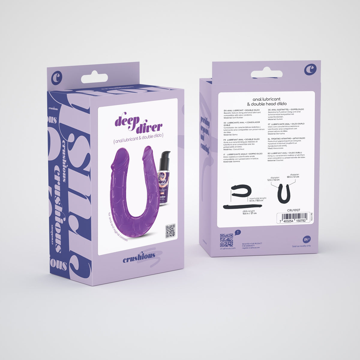 DEEP DIVER DILDO DUPLO COM LUBRIFICANTE ANAL 50ML CRUSHIOUS ROXO - Lust Sexshop