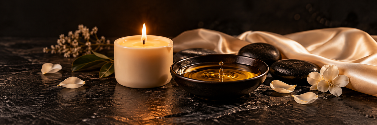 Natureza-morta editorial com uma vela de massagem acesa, óleo dourado, pedras escuras e cetim marfim sobre fundo preto