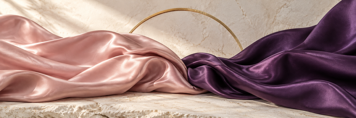 Tecidos acetinados rosa e roxo sobre pedra marfim, com um arco dourado ao fundo.