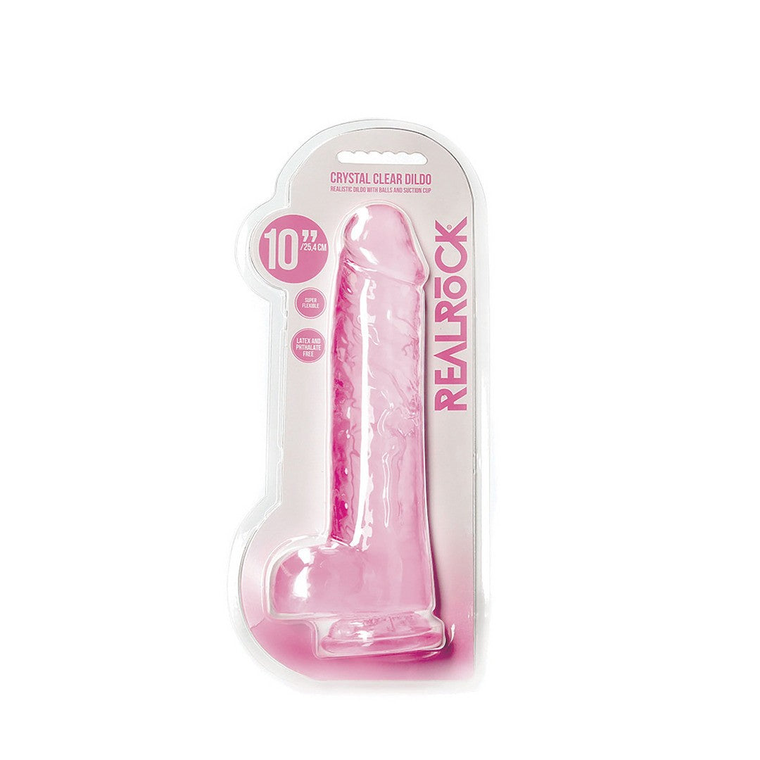 DILDO REALISTA COM TESTÍCULOS CRYSTAL CLEAR 10 /25.4 CM ROSA REALROCK
