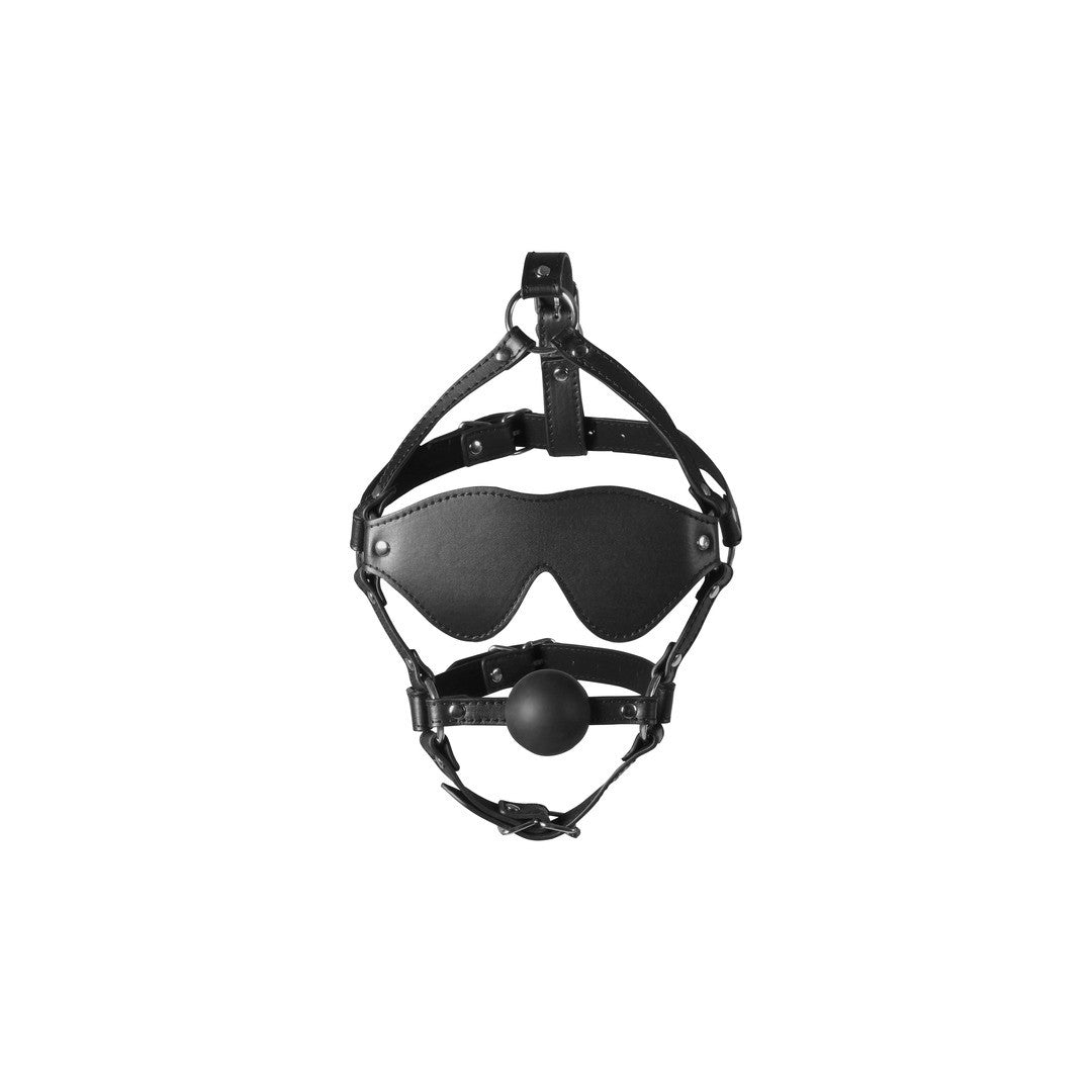 OUCH! EXTREME BLINDFOLDED HEAD HARNESS WITH SOLID BALL GAG 