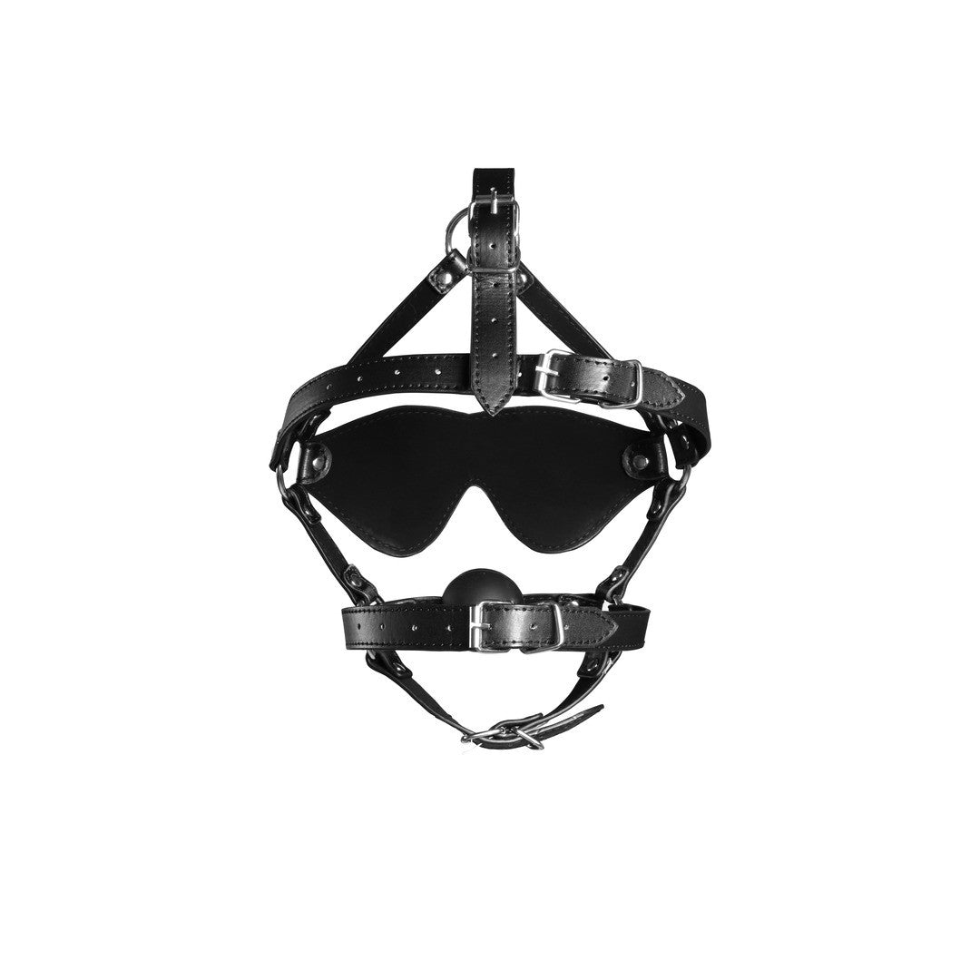 OUCH! EXTREME BLINDFOLDED HEAD HARNESS WITH SOLID BALL GAG 