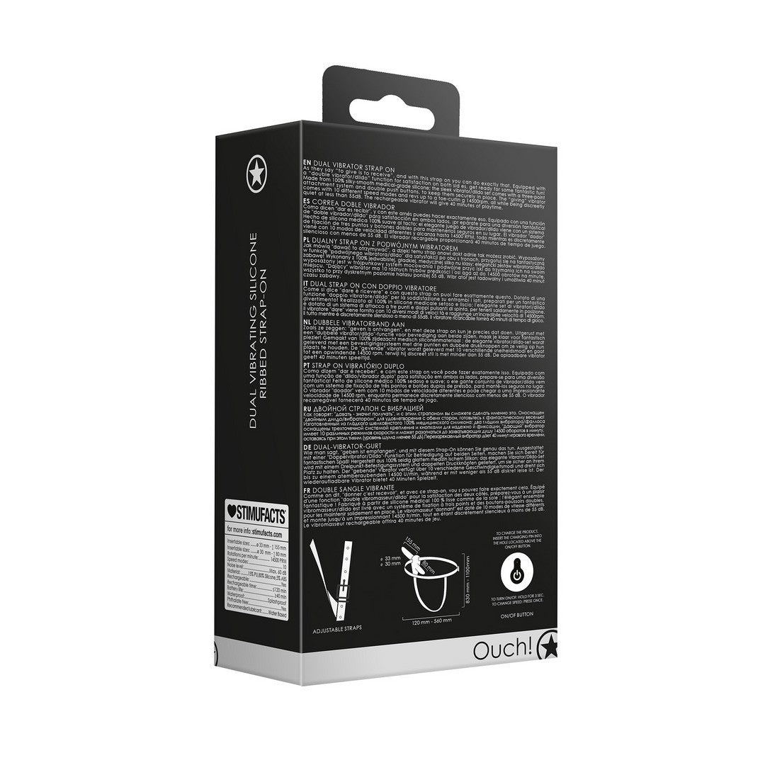 OUCH! DUAL VIBRATING RECHARGEABLE STRAP-ON ADJUSTABLE BLACK