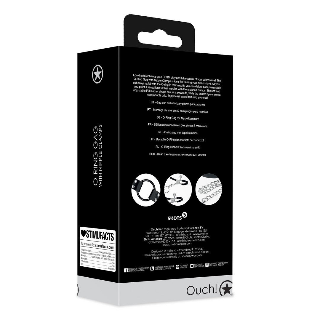 MORDAÇA COM ANEL E PINÇAS PARA OS MAMILOS PRETA OUCH!