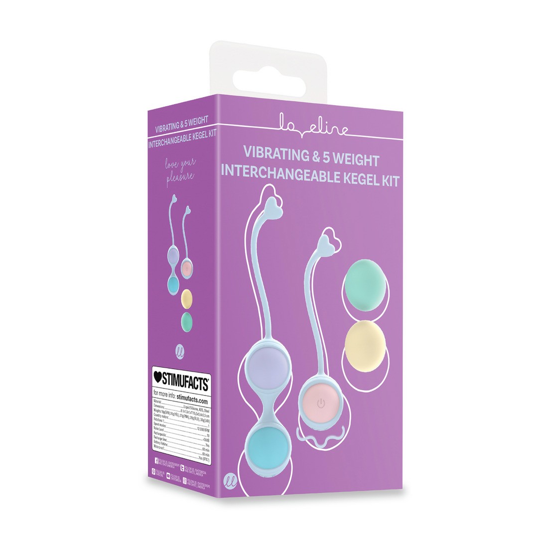 BOLAS VAGINALES VIBRANTES CON MANDO Y 5 PESOS INTERCAMBIABLES KEGEL KIT MORADO LOVELINE 