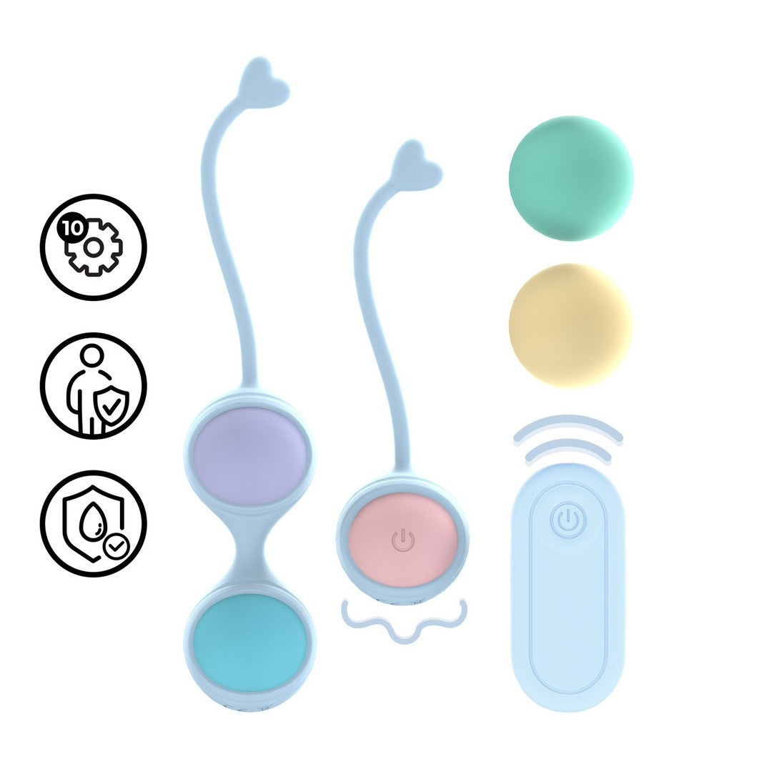 BOLAS VAGINALES VIBRANTES CON MANDO Y 5 PESOS INTERCAMBIABLES KEGEL KIT MORADO LOVELINE 