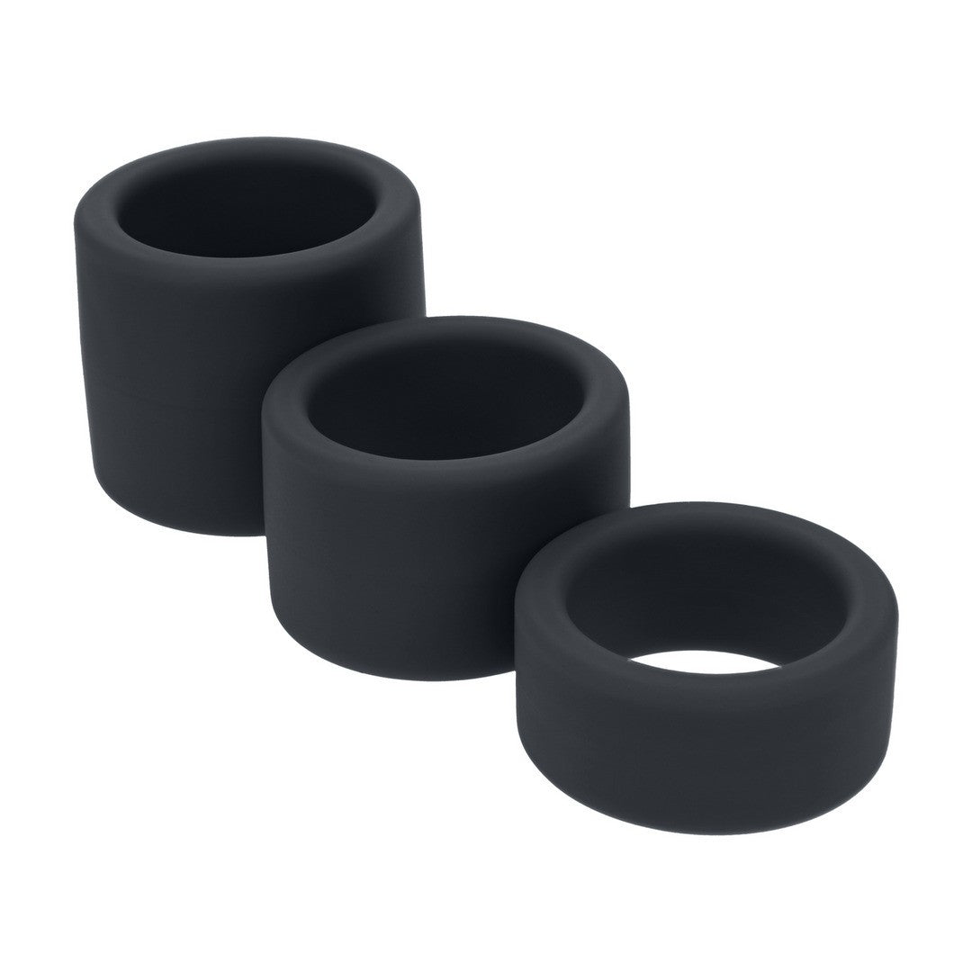 CONJUNTO DE 3 EXTENSORES PARA TESTÍCULOS EM SILICONE LIQUÍDO S/M/L PRETO LEVELZ - Lust Sexshop
