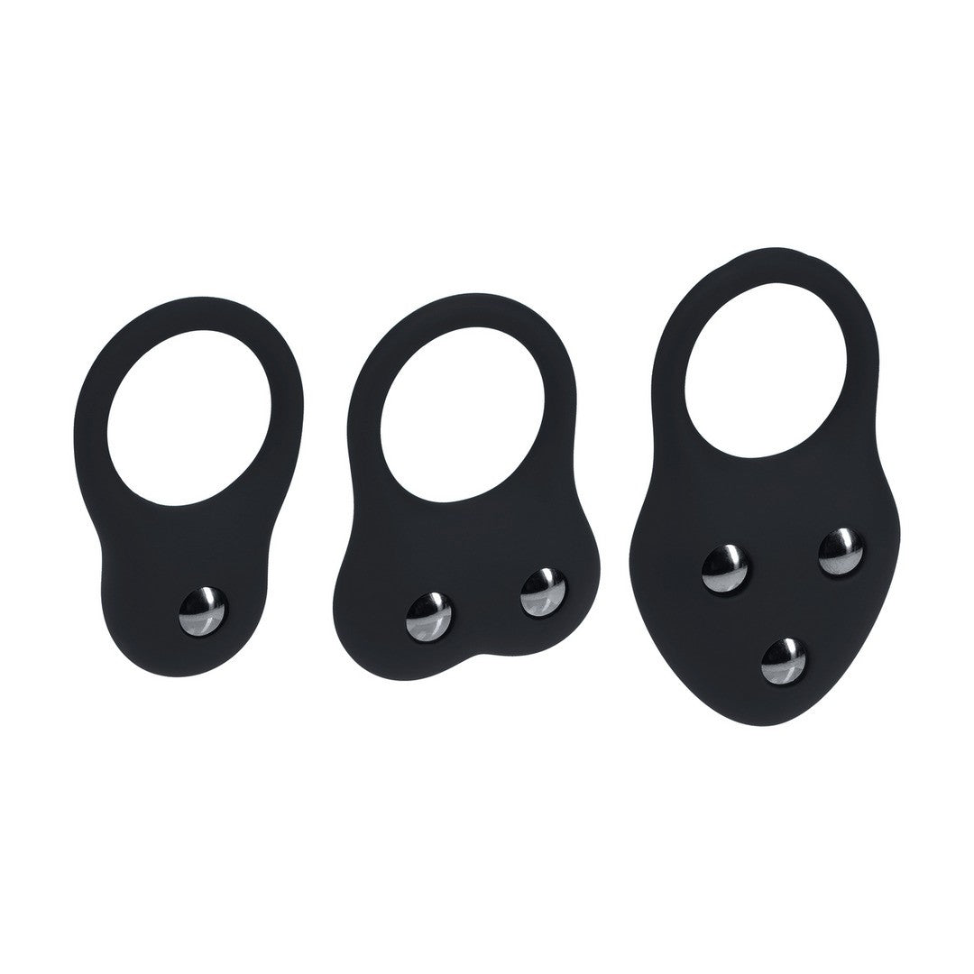 CONJUNTO DE 3 ANÉIS EM SILICONE PARA O PÉNIS COM PESOS S/M/L PRETO LEVELZ - Lust Sexshop