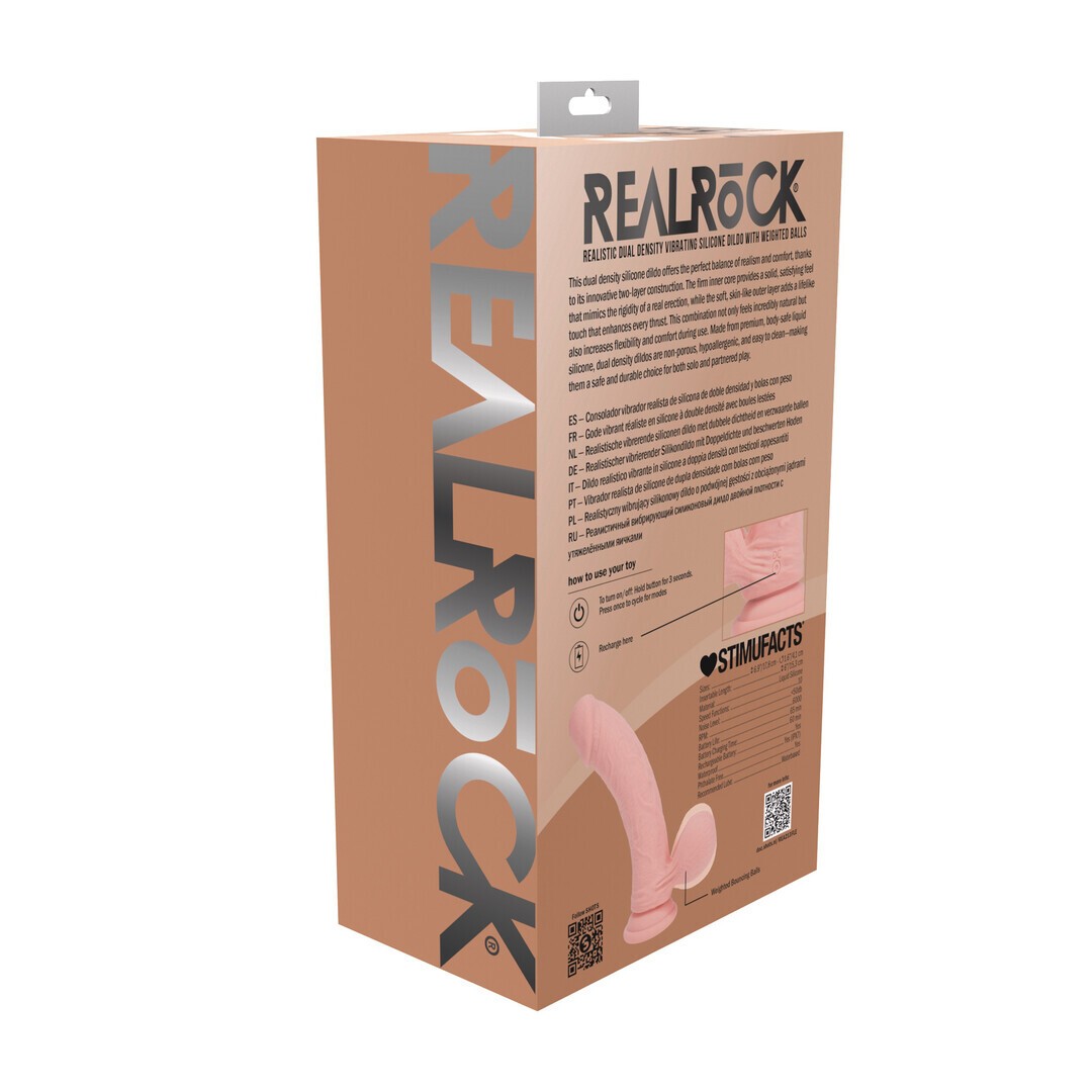 REALROCK DUAL DENSITY RECHARGEABLE LIQUID SILICONE VIBRATOR CURVED WITH WEIGHTED BALLS 7 /18 CM FLESH