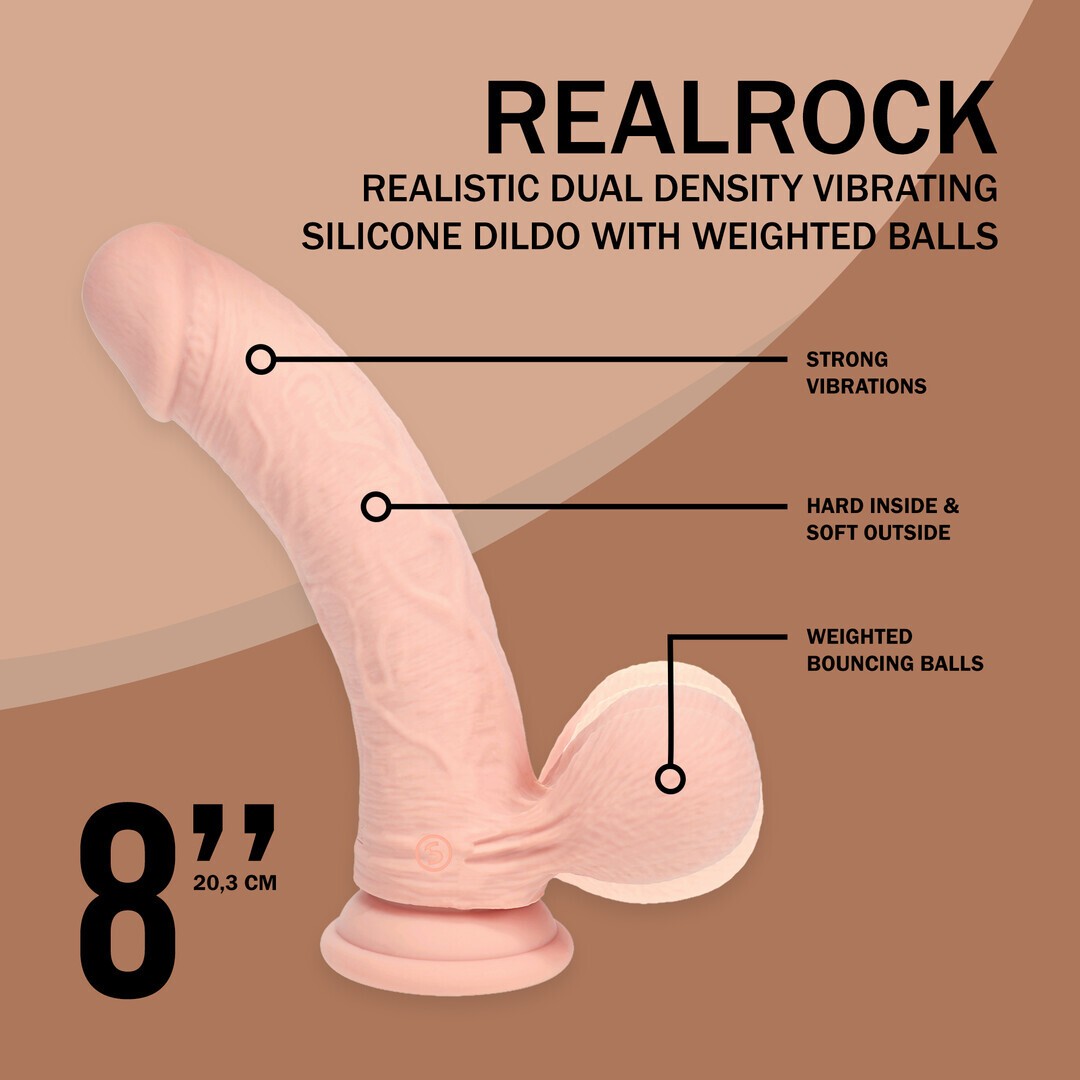 REALROCK DUAL DENSITY RECHARGEABLE LIQUID SILICONE VIBRATOR CURVED WITH WEIGHTED BALLS 8 /20 CM FLESH