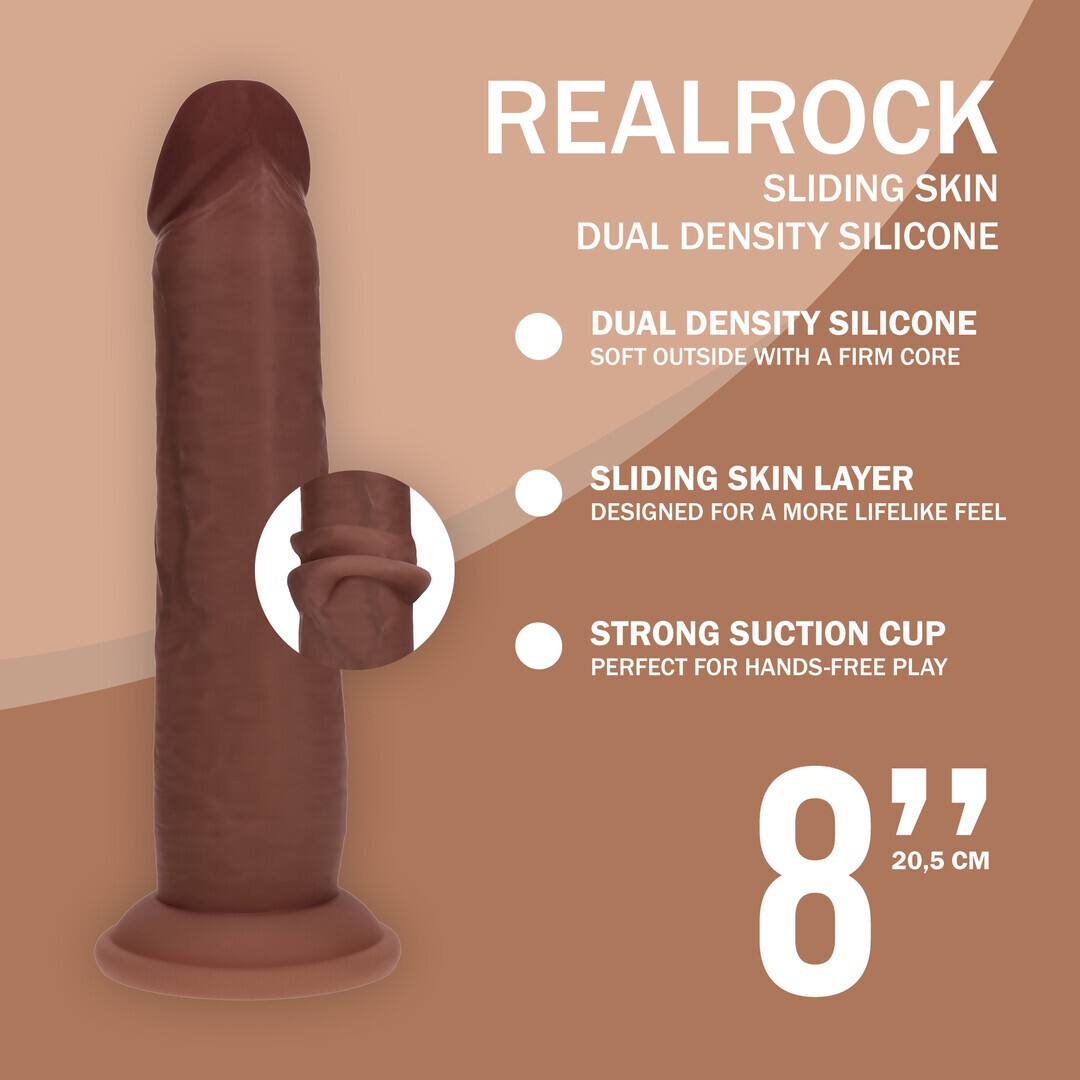 REALROCK DUAL DENSITY SILICONE REALISTIC SLIDING SKIN DILDO 8 /20.5 CM BROWN 