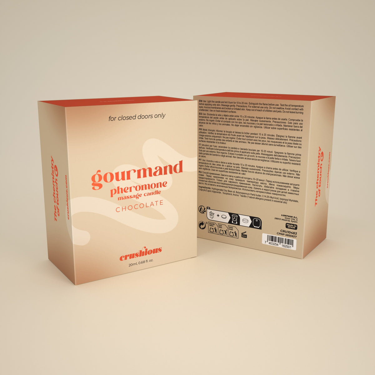 VELA DE MASSAGEM GOURMAND COM FEROMONAS E AROMA A CHOCOLATE 20ML CRUSHIOUS