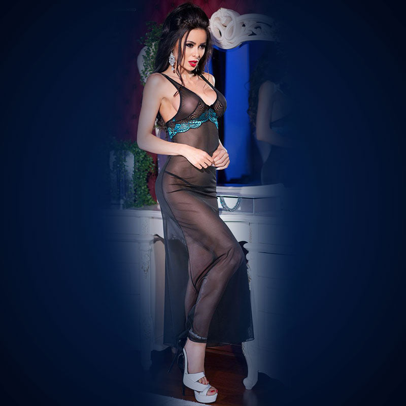 CAMISA DE NOITE E TANGA CR-4215 PRETO E AZUL - Lust Sexshop