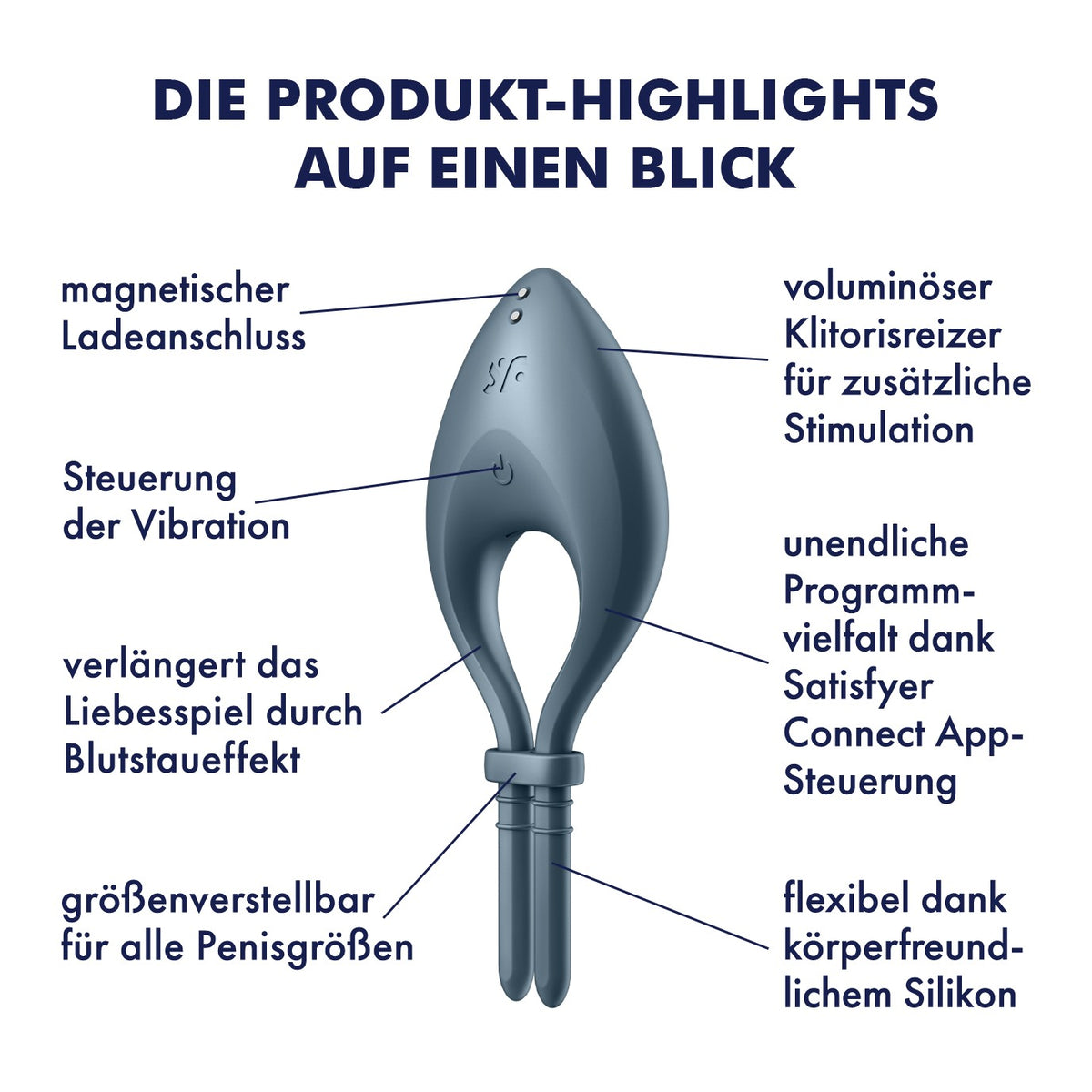 ANEL VIBRATÓRIO BULLSEYE COM APP SATISFYER AZUL ESCURO - Lust Sexshop
