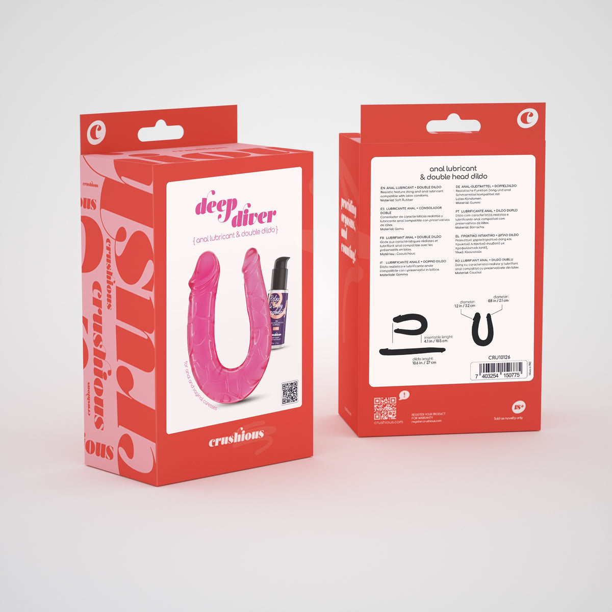 DEEP DIVER DILDO DUPLO COM LUBRIFICANTE ANAL 50ML CRUSHIOUS ROSA - Lust Sexshop