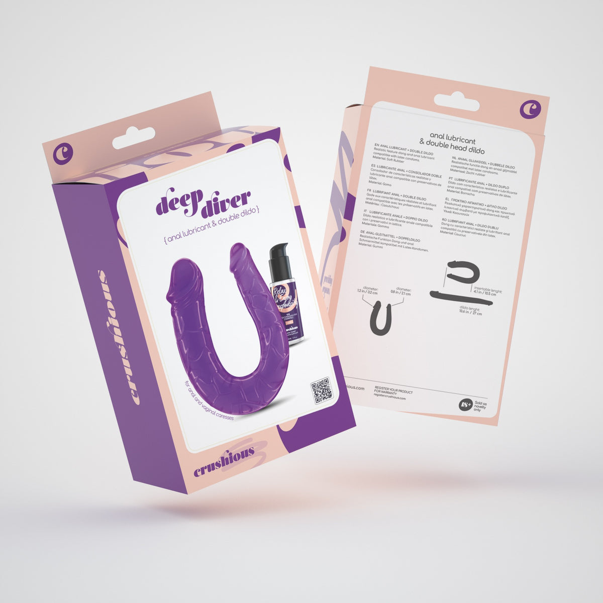 DEEP DIVER DILDO DUPLO COM LUBRIFICANTE ANAL 50ML CRUSHIOUS ROXO - Lust Sexshop